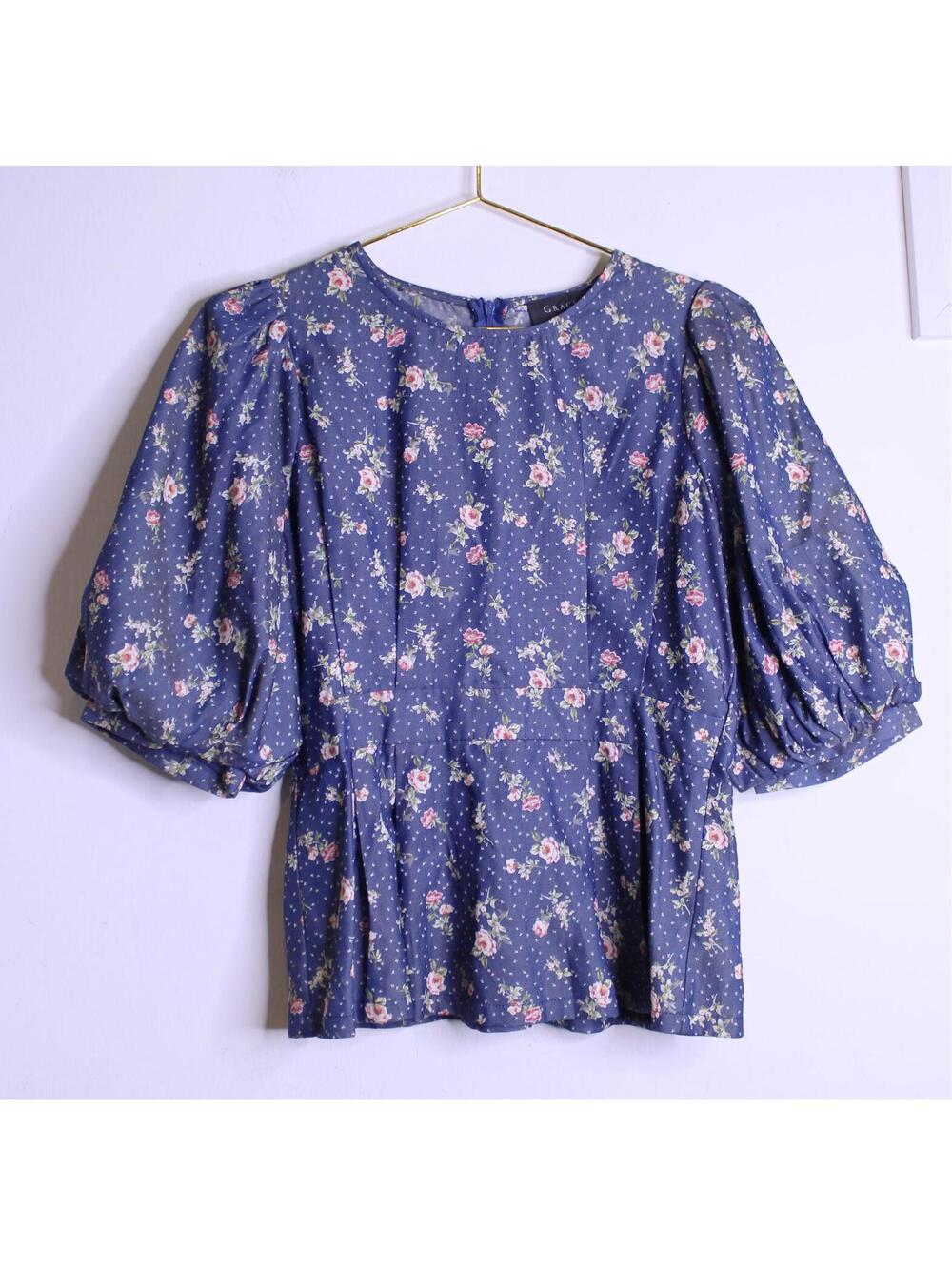 Gracia Blue Floral Peasant Blouse Top - Small